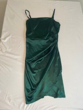 Small Honey Rosie square neck, satin faux wrap dress in emerald green